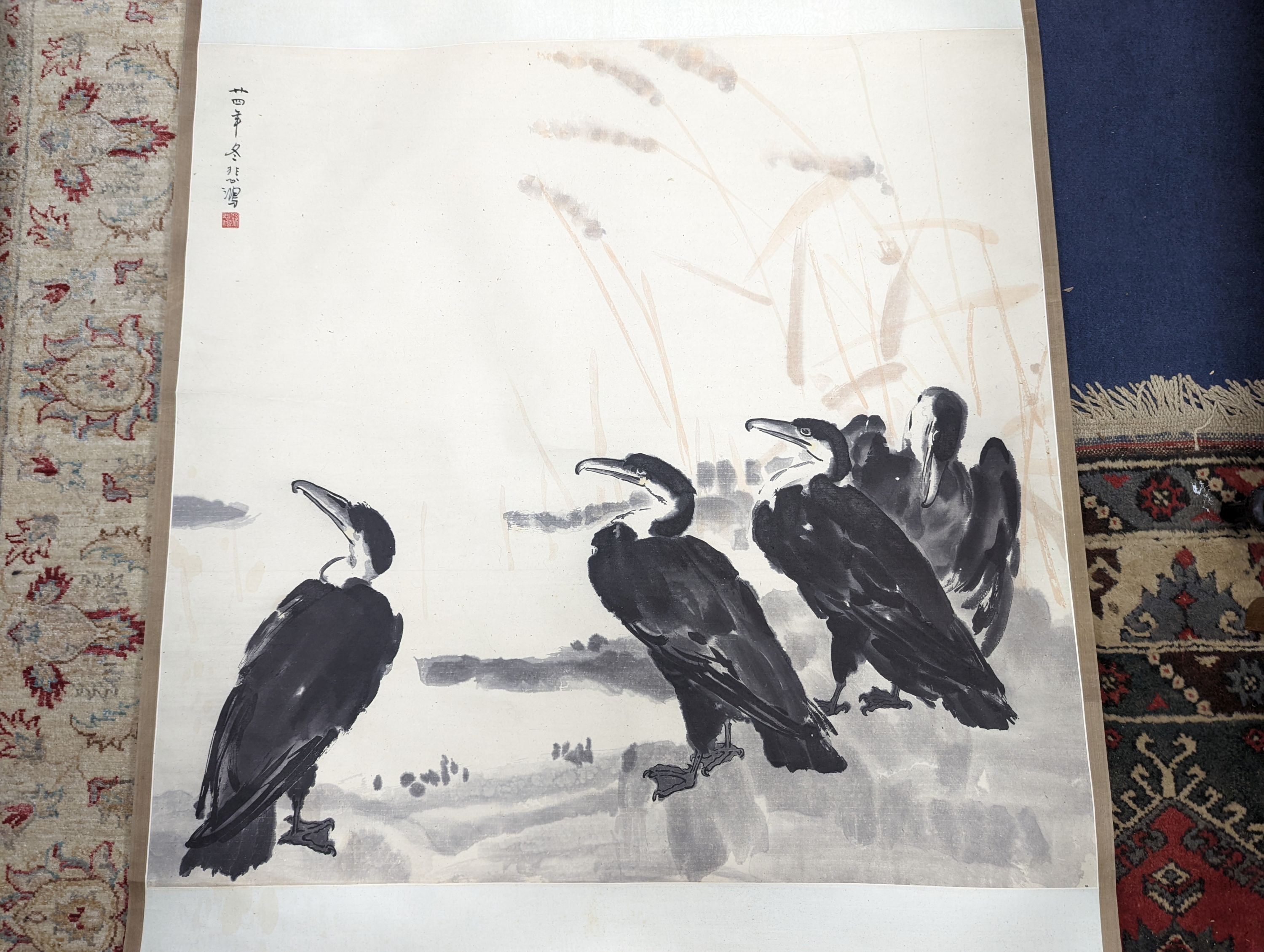 Two mid 20th century Japanese watercolour on paper scroll paintings, Boatman in a landscape, 79.5 x 113cm, and Cormorants on a bank, 103 x 106cm